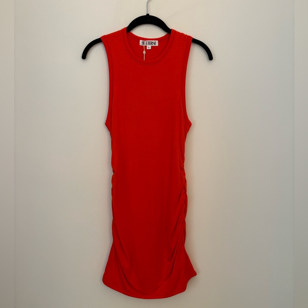 Eterne Red-Orange Sleeveless Ruched Tank Dress